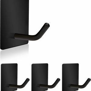 Adhesive Hooks Heavy Duty, Stainless Steel Self Adhesive Wall Hooks, Sticky Towel Hangers for Kitchen Bathroom, Waterproof Stick on Door Hooks for Hanging Robe Key Hat Coat(4Pack-Short(Black))