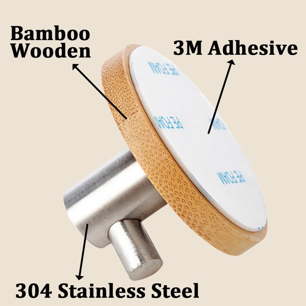 Adhesive Wall Hooks, Bamboo Wood Coat Hooks for Hanging Towel Hangers for Bathroom Key Hat Hooks 4-Pack (Wood Silver Hooks) - Image 2