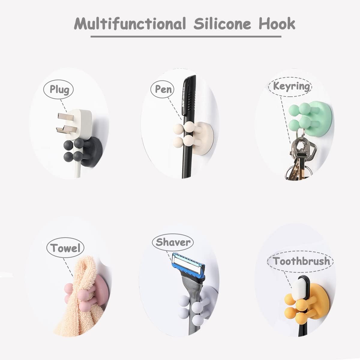 6 Pcs Silicone Waterproof Toothbrush Holders,Multi-Function Self Adhesive Hooks for Hanging Key Clothes Towel Cable for Kitchen Bathroom Home Office Mixed(6pcs) - Image 2