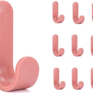 10 Pack Plastic Adhesive Hooks,Damage Free J-Shaped Hooks Holder,Reusable Seamless Hooks,Cute Key Hooks,White Decorative Utility Hooks for Hanging Hat Cup Glass Headset Towel (Pink)