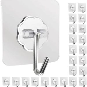 Adhesive Hooks Wall Hooks, 24 Packs Hooks for Hanging Transparent Reusable Seamless Hooks 13.2LB(Max), Waterproof Bathroom Kitchen Heavy Duty Self Adhesive Hooks