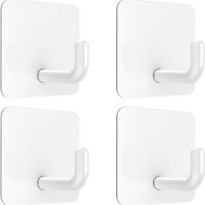 Adhesive Hooks, White Self Adhesive Wall Hooks Waterproof Shower Stick on Hooks Stainless Steel Heavy Duty Sticky Towel Hooks for Bathroom Kitchen Livingroom Camper 4 Pcs