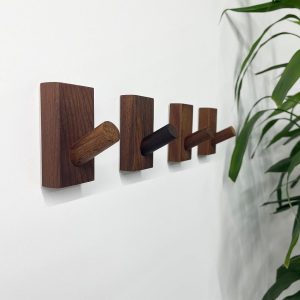 Wood Wall Hooks, 4 Pack Adhesive Coat Hooks, Natural Wooden Hat Rack, Decorative Sticky Hooks Wall Mounted, Heavy Duty Wall Hangers for Hanging Purse (Black Walnut)