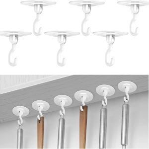 Adhesive Hooks Hanging Ceiling & Wall: Heavy Duty Damage-Free No-Drill Removable Self-Stick Wall Hook 6Pack White Hanger Plants Lights Bags Towels Clothes for Doors Cabinets Showers Bathrooms