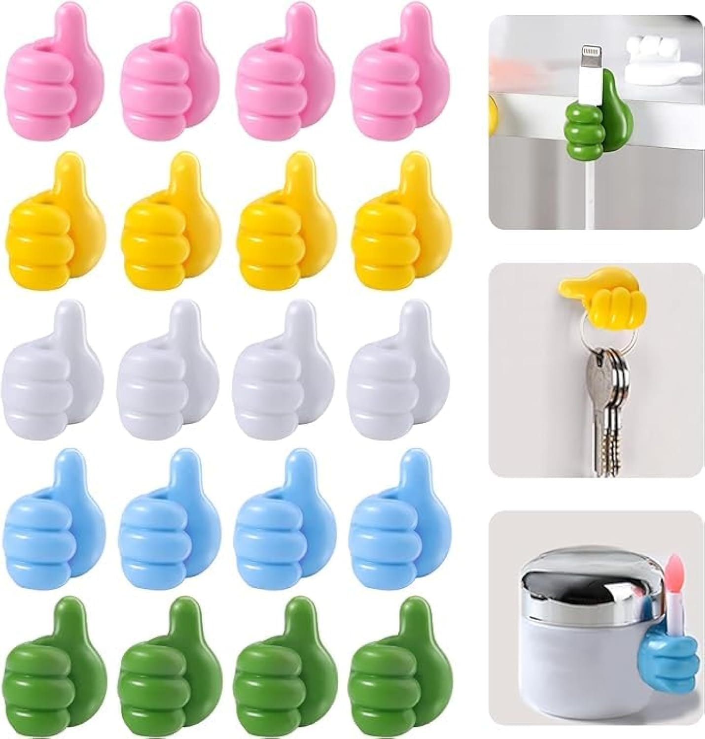 20 Pcs Self Adhesive Silicone Thumb Hooks – Multifunction Thumb Up Wall Hooks for Cable Clip, Key Holder, Wire Management, Small Hooks – Versatile Wall Hangers