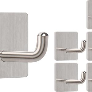 Adhesive Towel Hooks, 304 Stainless Steel Self Sticky Wall Hooks Waterproof Shower Hooks for Robe/Clothes, No Drilling Towel Hangers for Bathroom Kitchen Bedroom (Brushed Nickel, 6 Packs)