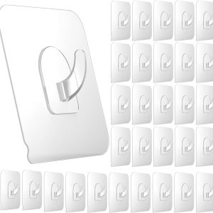 30 Pack Adhesive Hooks for Hanging, 22lb Heavy Duty Wall Door Hooks, Clear Plastic Sticky Hanging Hook for Home Kitchen Bathroom Office Use