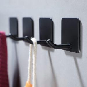 Adhesive Towel Hooks - 4 Pack Towel Hooks for Hanging Robes Coat Hooks Stick on Wall Hooks Stainless Steel, Matte Black