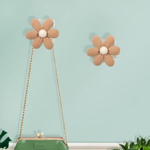 2 Pack Adhesive Wall Hooks Flower Wooden Hooks for Hanging Towel Coat Sticky Hooks for Bathroom Shower Kitchen (Khaki)