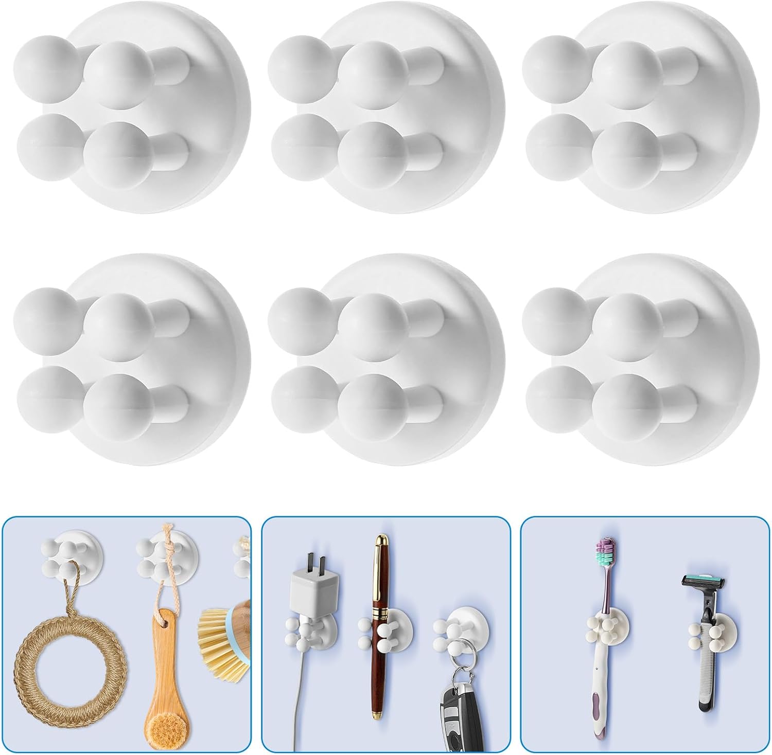 6 Pcs Silicone Toothbrush Holders, Self Adhesive Razor Holder for Shower Waterproof Multi-Function Hook Silicone Wall Mounted Hook for Hanging Key Plug Holder for Kitchen Bathroom Home Office