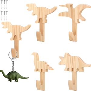 4 Pcs Dinosaur Coat Hooks Dinosaur Wooden Clothing Hanger Wood Dino Backpack Hook for Children Bathroom Decor Classroom Storage Home Wall Decoration