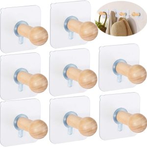 Wooden Adhesive Hat Hooks for Wall 8lbs Sticky Hat Hanger Wall Rack Mounted Coat Hanging Bathroom Hooks Stick On Door Closet Cabinet Wardrobe Entryway-8 Packs