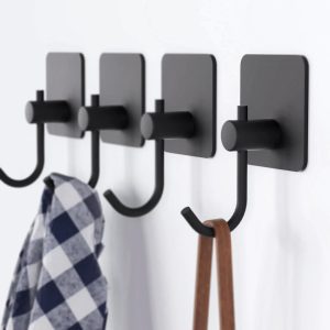 Adhesive Towel Hooks for Bathroom- Black Sticky Hooks for Hanging Towel, Coat, Self Adhesive Hooks for Bathroom, Kitchen, Living Room, 4 Pack