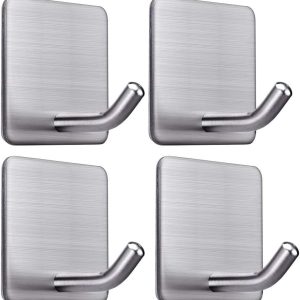 Heavy Duty Adhesive Towel Hooks Stick on Towel Hanger Wall Holder Waterproof Stainless Steel Sticky Hooks for Hanging Bathroom Kitchen Home-4 Packs