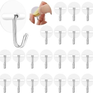 24 Pieces White Adhesive Hooks Hanging Wall Hooks Round Plastic Ceiling Utility Seamless Self Sticky Stainless Hangers Waterproof Oil Proof for Kitchen Office(Ideal Style)