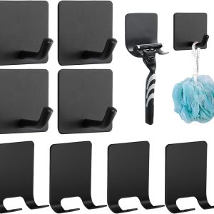 8 Pack Adhesive Hooks, 4 Pack Razor Holder for Shower and 4 Heavy Duty Waterproof Sticky Hooks for Hanging Towels, Loofah, Coat, Hat (Black)