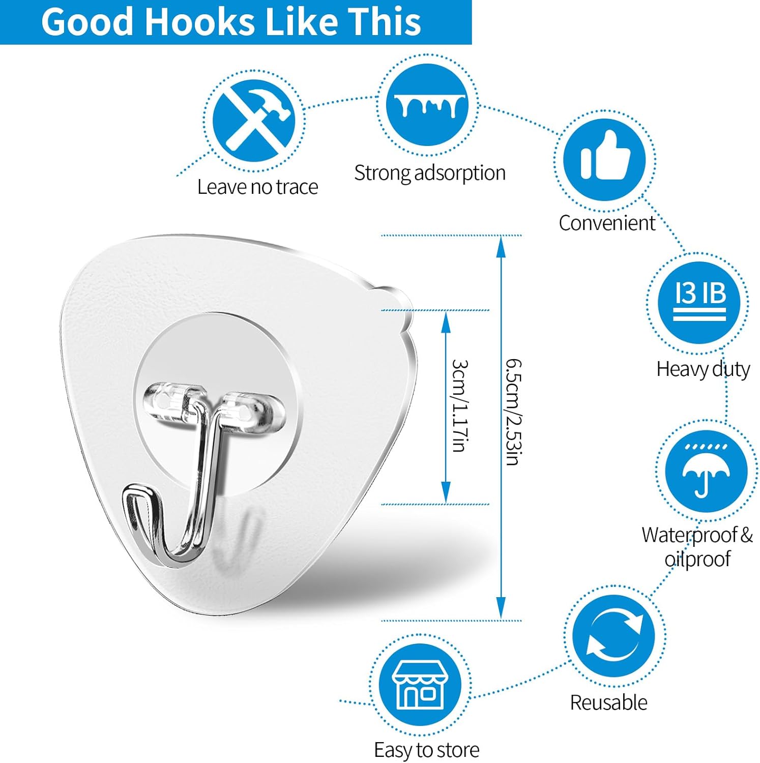 20 Pack Triangular Self Adhesive Hooks, Waterproof and Oil Proof for Kitchen Bathroom Ceiling Office Window Reusable Utility Hooks Heavy Duty 13LB Wall Hooks Transparent Seamless Hooks (20 pcs) - Image 2