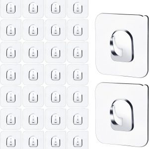 30 Pieces Clear Wall Hooks 15 lb (max) Adhesive Hooks for Hanging Plastic Sticky Hooks Heavy Duty Hook Transparent Drill Free Reusable for Hat Kitchen Bathroom Office, No Trace No Scratch