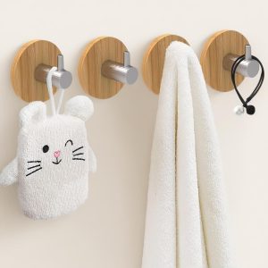 Adhesive Wall Hooks, Bamboo Wood Coat Hooks for Hanging Towel Hangers for Bathroom Key Hat Hooks 4-Pack (Wood Silver Hooks)