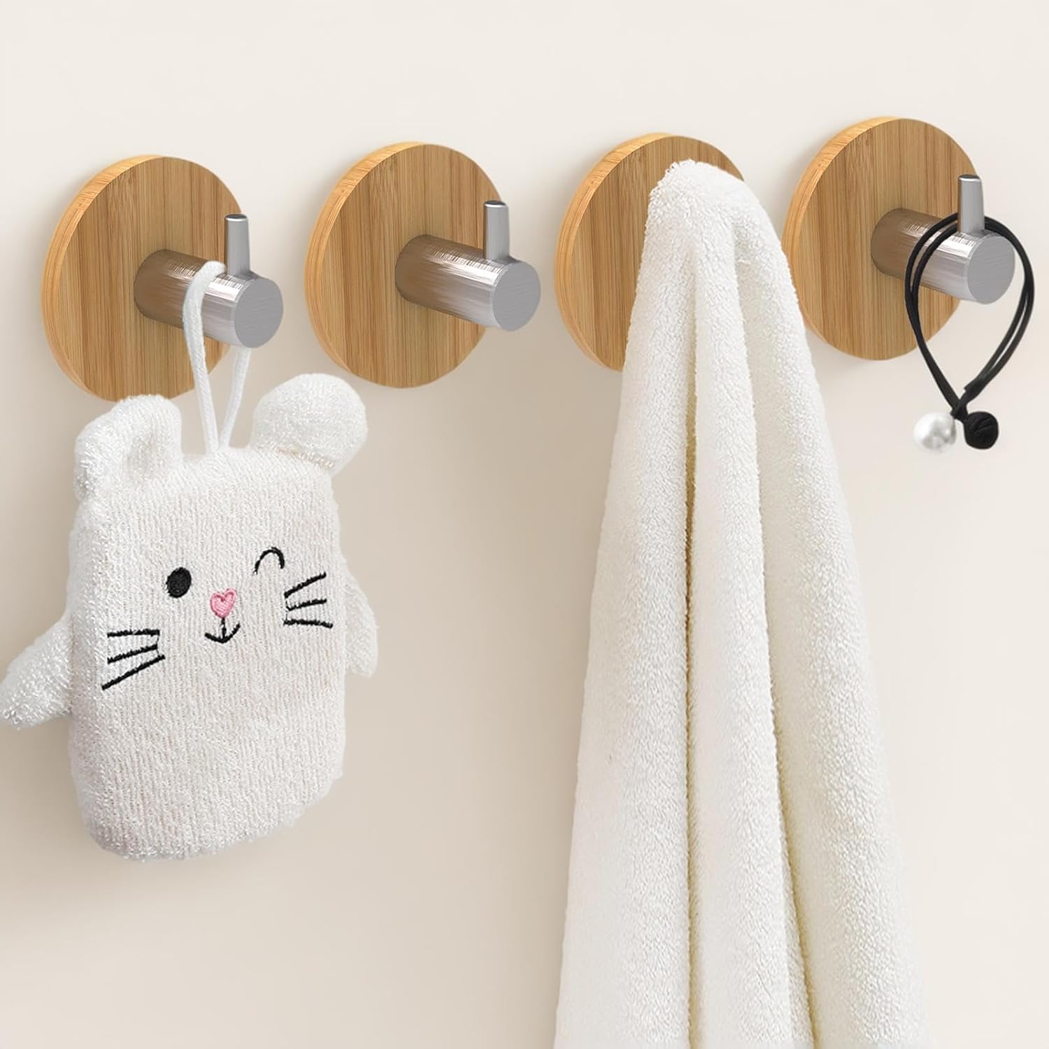 Adhesive Wall Hooks, Bamboo Wood Coat Hooks for Hanging Towel Hangers for Bathroom Key Hat Hooks 4-Pack (Wood Silver Hooks)