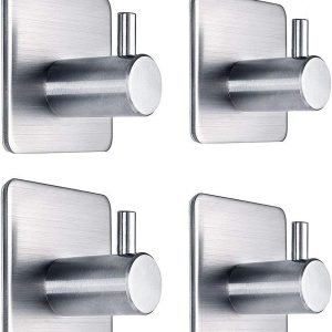 Adhesive Hooks Heavy Duty Wall Hooks Waterproof Stainless Steel Hooks for Hanging Coat, Hat,Towel Robe Hook Rack Wall Mount- Bathroom and Bedroom 4-Packs