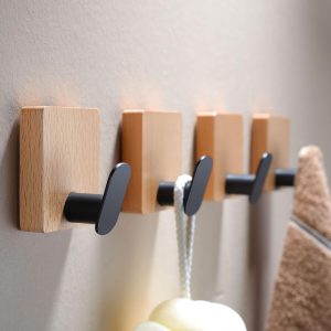 Towel Hooks Wall Mounted - Adhesive Bathroom Coat Hooks for Hanging Robes Clothes Light Brown, Black Solid Wood Beech Wall Hook 4 Packs