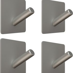Brushed Nickel Self Adhesive Towel Hooks for Bathroom Wall Door Mounted - SUS304 Stainless Steel Strong Strips Stick on 3M Wall Hooks for Hanging Coat, Hat, Bag, Key, Jacket – 4 Pack