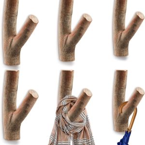 6 Pack Wood Wall Hooks, Tree Branch Real Wooden Hooks for Hanging, Adhesive Farmhouse Rustic Hat Coat Hooks Wall Stickers for Towels, Bags, Scarves, Keys, Decoration (Width 0.8"-1.2")