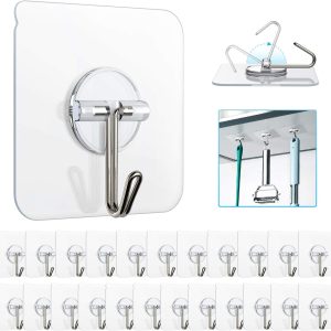 Adhesive Hooks, Removable Wall Hooks 13 LB Ceiling Hooks Transparent Seamless Hooks Waterproof and Oil Proof for Cabinet Kitchen Bathroom Ceiling Office Window 10 Pack