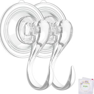 Suction Cup Hooks, Small Clear Heavy Duty Vacuum Suction Hooks with Wipes Shower Suction Cups with Hooks Removable Reusable Suction Hangers for Tile Wall Window Glass Door 2 Pcs