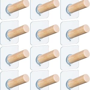 12 Pcs Adhesive Hat Hooks for Wall Clothes Bag Hanger Coat Rack Wooden Coat Hooks Cowboy Hat Organizer Wood Pegs Self Adhesive Hanger Wall Mounted Peg for Home Closet Office