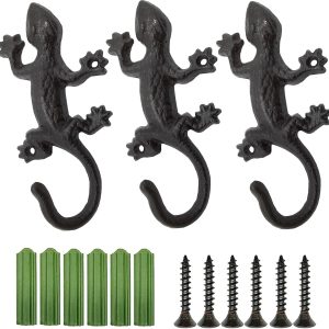 3PCS Coat Hooks Hanging Wall Mounted Rustic Decorative Gecko Hook, Cast Iron 6 Inch Key Holder Wall Decor