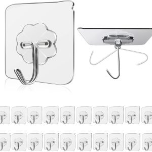 Wall Hooks 33 lbs(Max) Transparent Seamless Hooks for Hanging,Waterproof Oilproof Bathroom Kitchen Heavy Duty Adhesive Hooks,Coat Hooks, Utility Towel Bath Ceiling Hooks (20Pack)