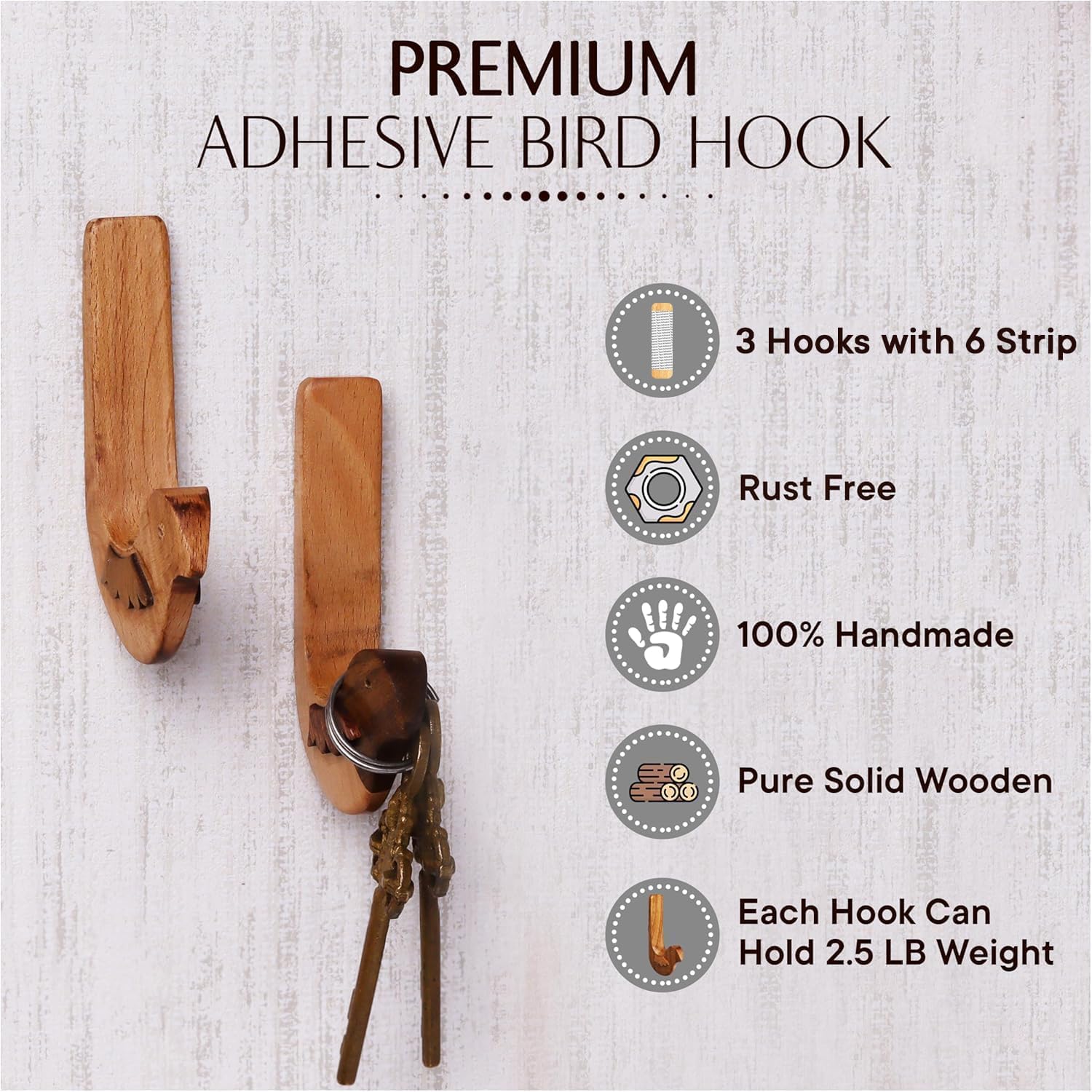 3 Hook, 6 Strips Cute Bird Decorative Adhesive Wall Hooks for Hanging Unique No Damage Wood Wall Hooks - Image 2
