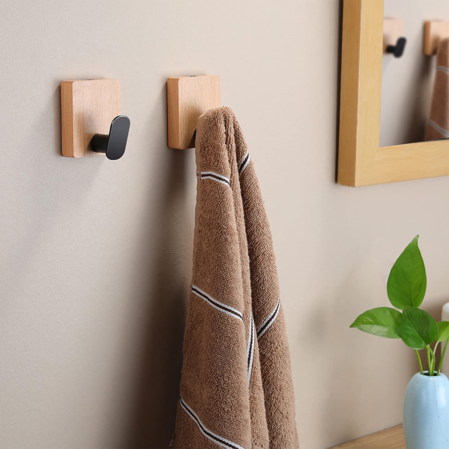 Towel Hooks Wall Mounted - Adhesive Bathroom Coat Hooks for Hanging Robes Clothes Light Brown, Black Solid Wood Beech Wall Hook 4 Packs - Image 2