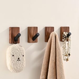 4 Pack Wooden Wall Hooks for Hanging, Adhesive Mounted & Wall Mount Decorative Walnut Wood Coat Hooks for Towel Clothes Blanket Hat Backpack Robe Nursery Door Board Entryway Key Holder