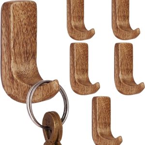 6 Pack No Damage Wood Wall Hooks- Small Adhesive Wall Hooks- Key Decorative Wall Hooks for Hanging- Wood Hangers- Sticky Coat Hooks Wall Mount- Towel Hooks for Bathroom Wall Mounted