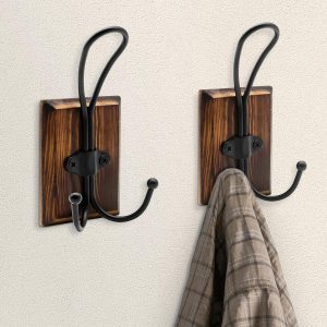 2-Pack Pine Wood Wall Hooks - Wall Mounted or Adhesive Coat Rack for Bathroom Towels Robes - Farmhouse Rustic Decorative Entryway Hangers for Hats Keys Purses Bags, Brown